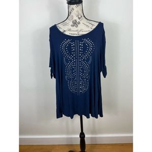 WestPort Blue and silver bedazzled short sleeve blouse with cutouts in arms